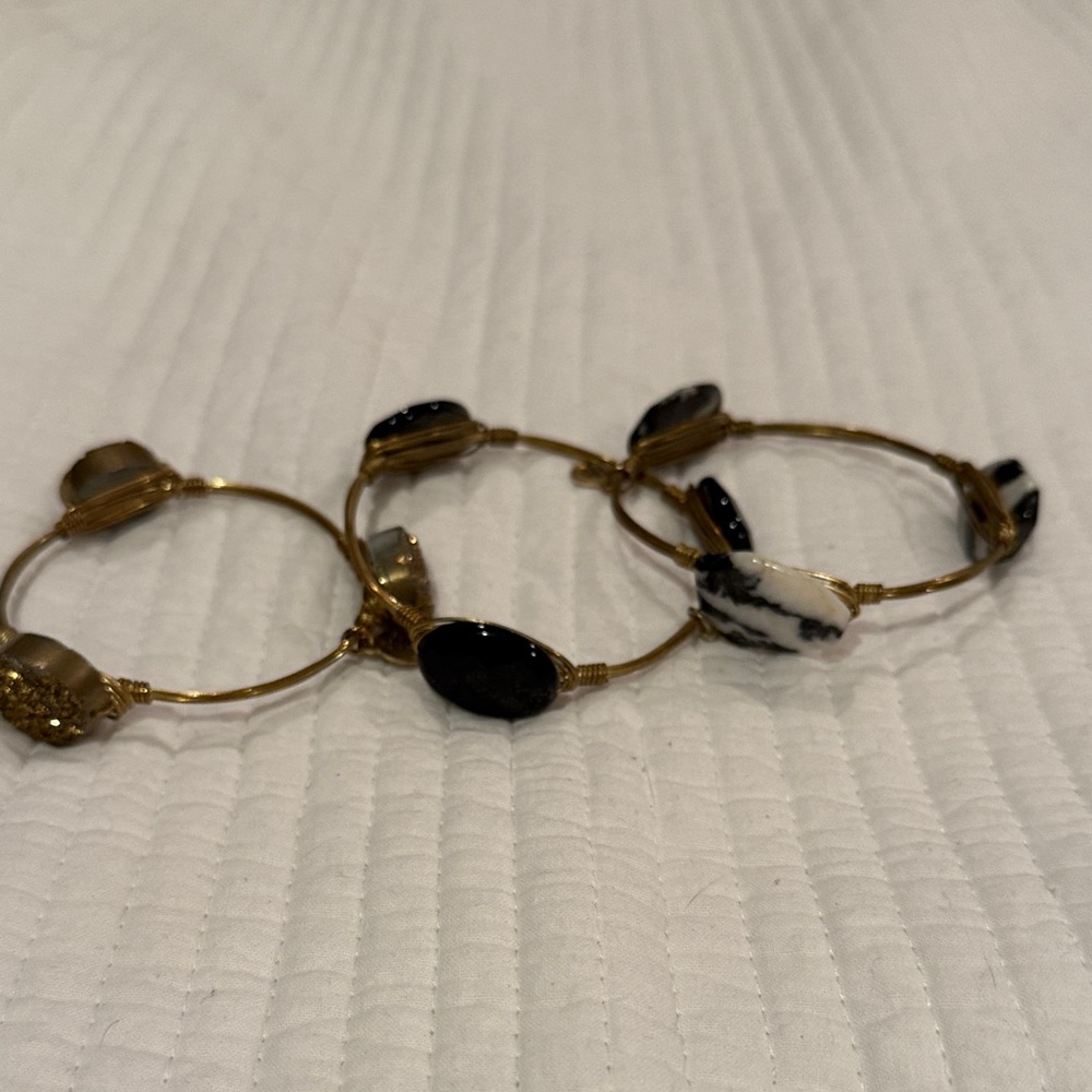 Gold Tone Stone Bangle Bracelet Set - Black & White Accent